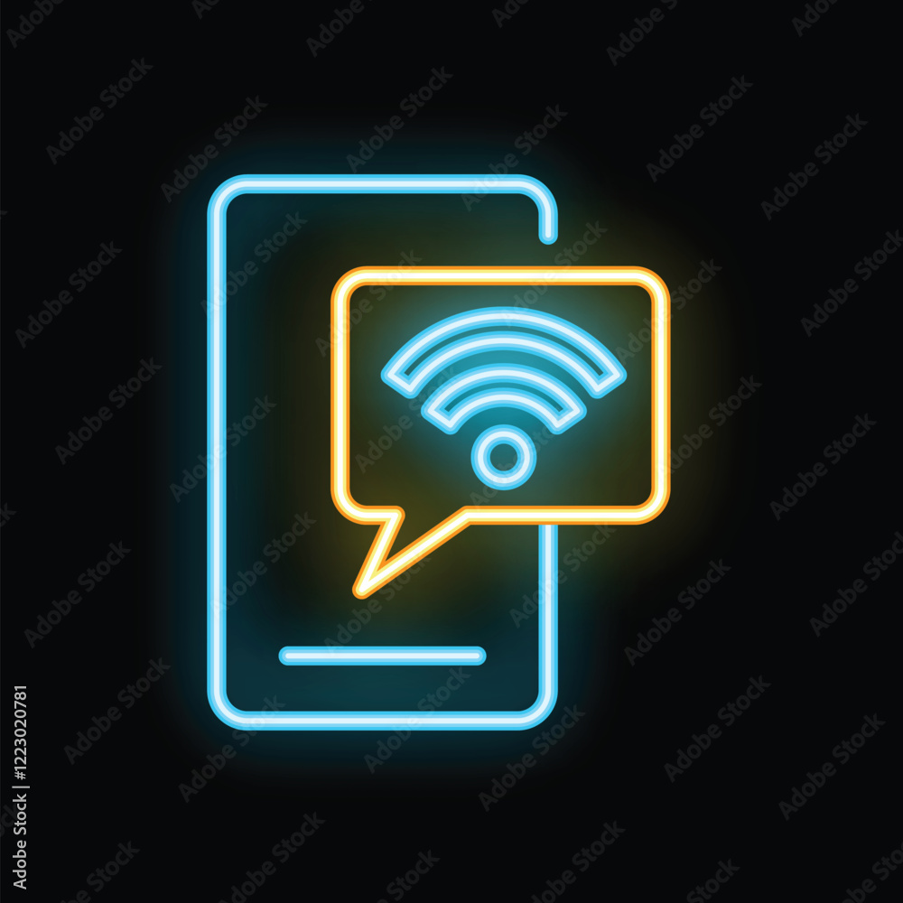 Neon glowing symbol of smartphone showing wifi connection in speech bubble on black background Neon glowing symbol of smartphone showing wifi connection in speech bubble on black background