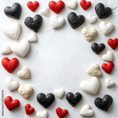 Heart shaped cookies displaying red, black, white colors arranged circularly on textured surface, representing romantic celebration photo