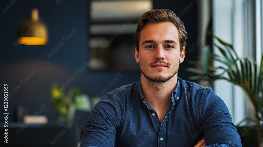 Obraz premium Confident Young Man Posing in Modern Workspace with Greenery