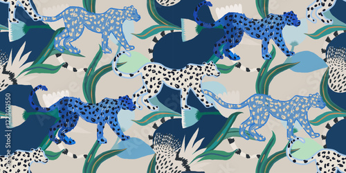 Artistic hand drawn print with leopards. Bohemian botanical naive style seamless pattern. Unique print.