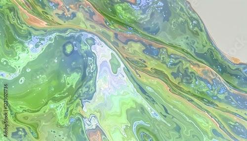 Swirling 3D patterns in green, blue, pink, and purple with a psychedelic vibe. Glossy bubbles add depth, while a textured background enhances the dynamic, trendy aesthetic for creative projects. High