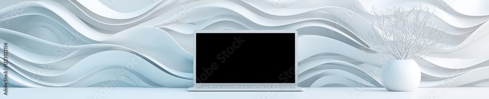 Naklejka premium Modern Laptop on Minimalist Desk with Wave Design