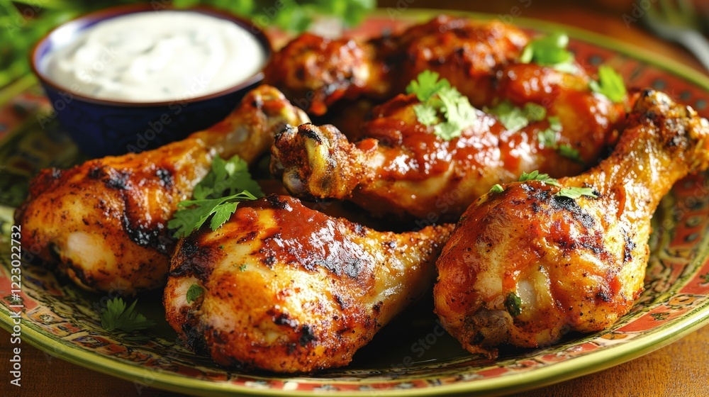 A plate of spicy chicken drumsticks garnished with herbs and served with a dipping sauce. A plate of spicy chicken drumsticks garnished with herbs and served with a dipping sauce.