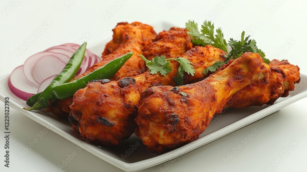 A plate of spicy chicken drumsticks garnished with onions and green chilies. A plate of spicy chicken drumsticks garnished with onions and green chilies.