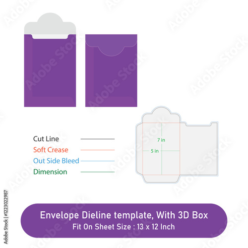 Envelope Dieline template, And 3D Box, Size 5 x 7 in, Vector File