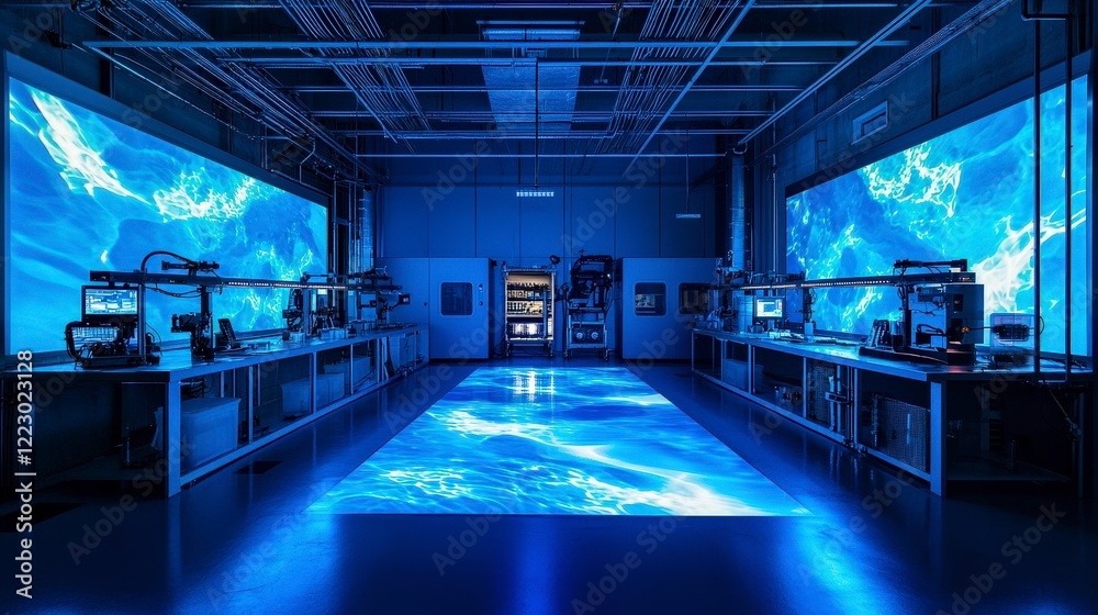High-Tech Laboratory with Blue Water Projection and Modern Equipment High-Tech Laboratory with Blue Water Projection and Modern Equipment