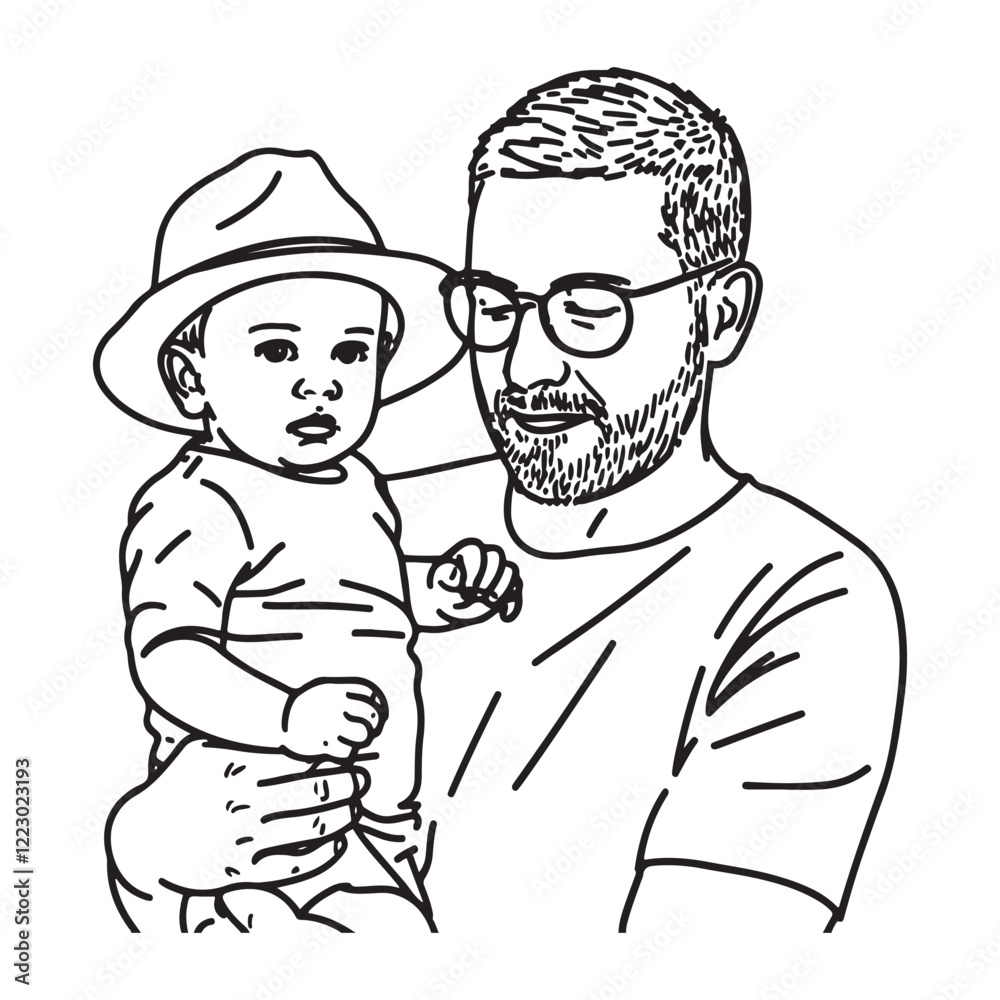 Man Cradling Child Line Design - Man Holding Child Vector - Man Holding Child Doodle - Care Illustration - Man Holding Child Line Art
