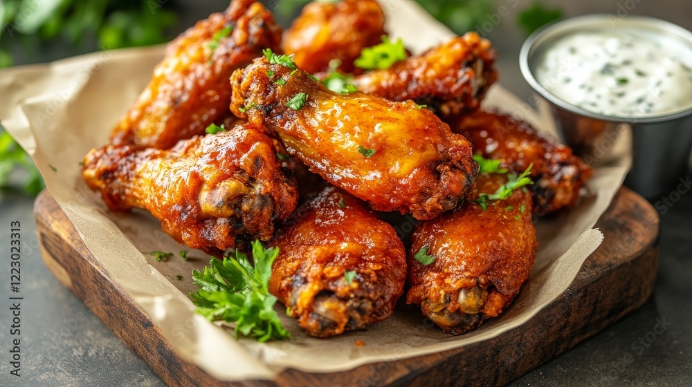 A plate of spicy chicken wings garnished with parsley and served with a dipping sauce. A plate of spicy chicken wings garnished with parsley and served with a dipping sauce.