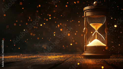 Sand running through the bulbs of an hourglass measuring the passing time in a countdown to a deadline with copy space