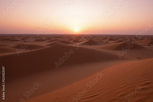 Desert dunes at sunset with vibrant orange and pink sky