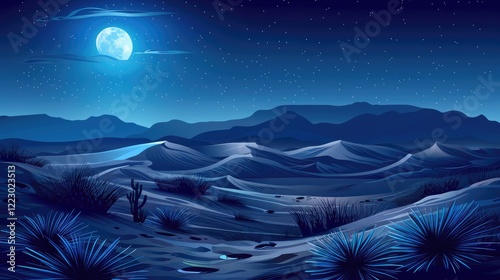 Desert landscape with sand dunes cactus and grass at night under the moonlight. Cartoon vector. Arabian background with barren sand dunes at dusk.