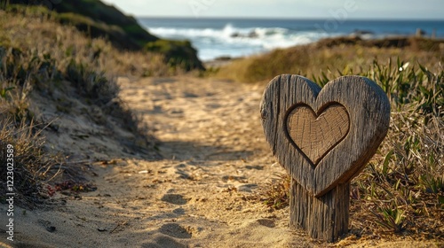 a small heart symbol carved into a wooden road marker beside a sandy trail leading to the ocean photo