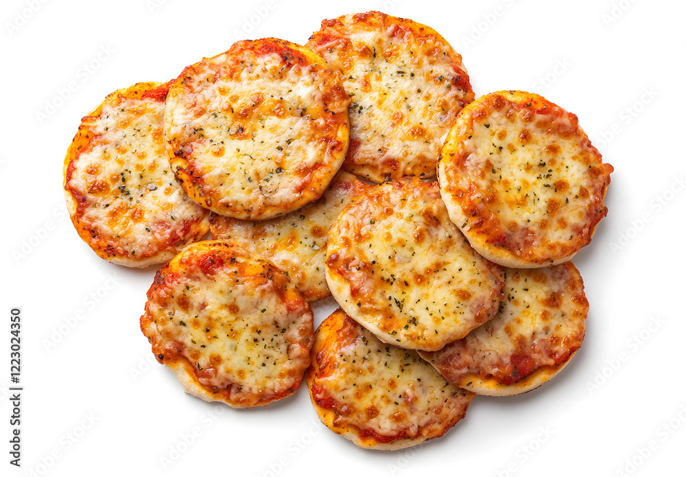Mini Cheese Pizzas with Tomato Sauce on White Background Mini Cheese Pizzas with Tomato Sauce on White Background