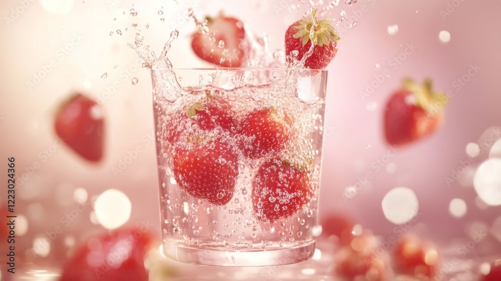 A dynamic shot of strawberries falling into a glass of sparkling water, creating splashes and bubbles, illustrating a refreshing beverage concept A dynamic shot of strawberries falling into a glass of sparkling water, creating splashes and bubbles, illustrating a refreshing beverage concept