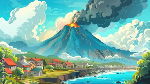 House and volcano concept with black smoke clouds Vector cartoon illustration of volcanic eruption in summer rural landscape with village, mountains and river shore.