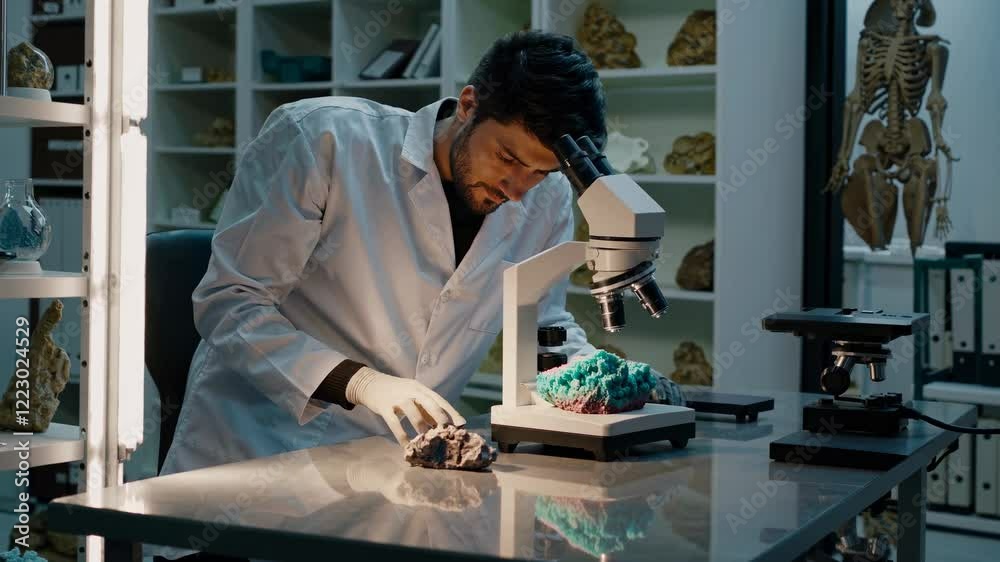 Scientist examines mineral samples under microscope in laboratory setting