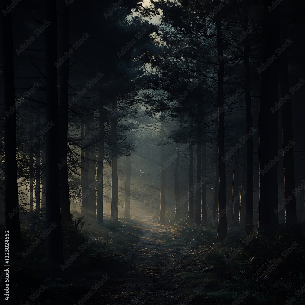 Naklejka premium Dark Forest Path at Night Mysterious Fog, Light Beams, and Tall Trees