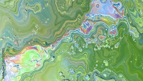 Swirling 3D patterns in green, blue, pink, and purple with a psychedelic vibe. Glossy bubbles add depth, while a textured background enhances the dynamic, trendy aesthetic for creative projects. High