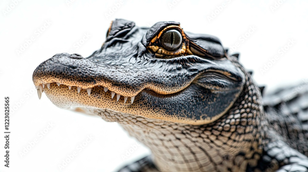 Fototapeta premium An solitary, close-up stock photo of an alligator against a white background