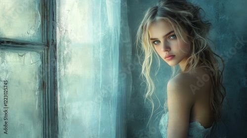 A graceful portrait of a woman with cascading curls, standing by a window with soft light streaming in, creating an ethereal and romantic atmosphere