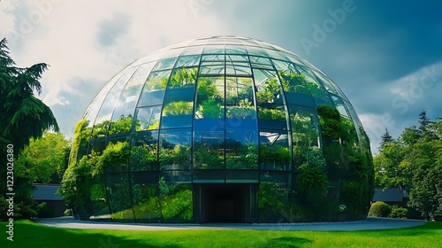 Futuristic glass dome structure housing a lush thriving indoor botanical garden  The transparent dome allows natural light to flood the space