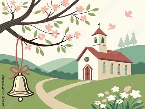 Un paisaje primaveral con una iglesia, un árbol florido, un camino, una campana colgante y aves.

