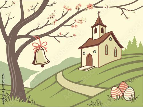 Un paisaje de Pascua con una iglesia, un árbol, un camino, una campana y huevos decorados.

