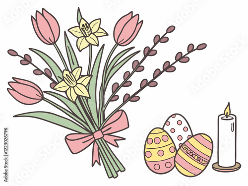 Sobre un fondo blanco, se representa un ramo de tres tulipanes, dos narcisos y varias ramitas de sauce, atado con una cinta rosa. Junto al ramo hay tres huevos de Pascua, украшенных con diseños multic