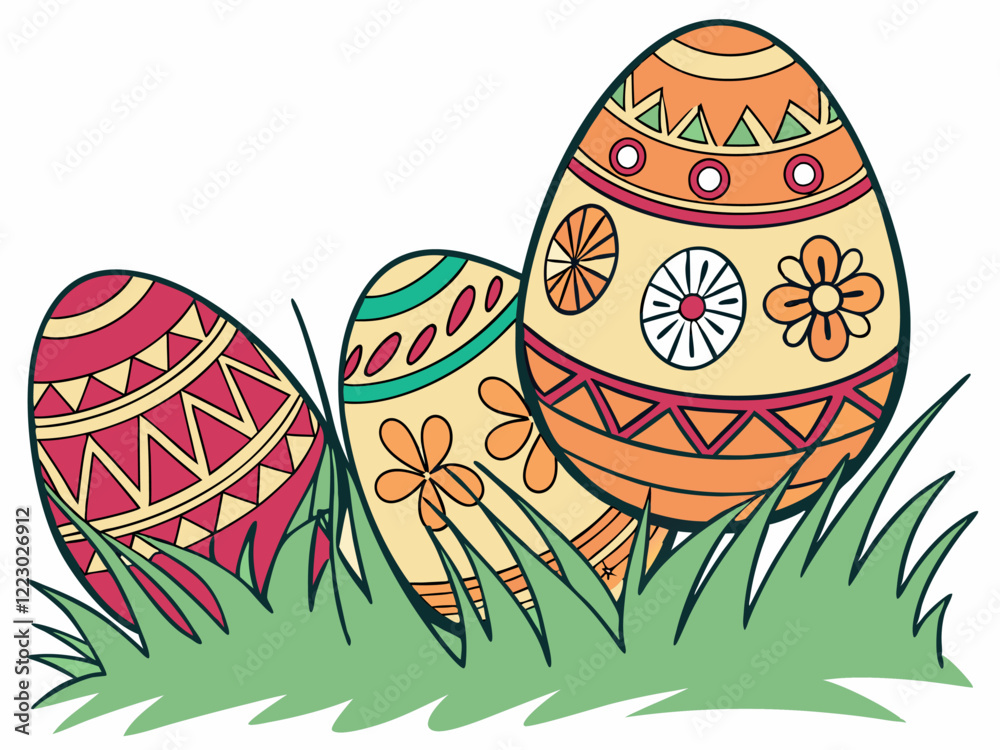 Tres huevos de Pascua decorados con patrones coloridos están colocados sobre la hierba. Los diseños incluyen formas geométricas y flores, transmitiendo una sensación festiva y alegre.
