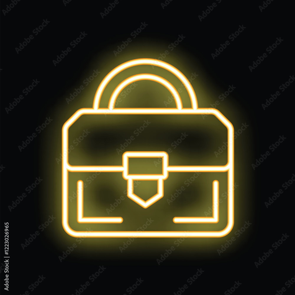 Fototapeta premium Neon sign in the shape of a briefcase, glowing yellow against a dark background