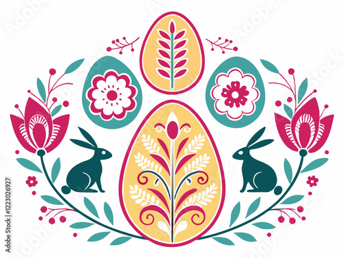 Ilustración de Pascua con diseño folklórico. Tres huevos de Pascua decorados con motivos florales se encuentran rodeados de dos conejos de Pascua y flores en tonos vibrantes.