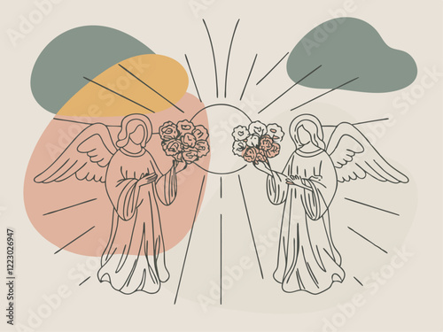 Dos ángeles sostienen ramos de flores mientras el sol brilla detrás de ellos. La ilustración combina líneas minimalistas con fondos abstractos en tonos suaves, evocando una atmósfera espiritual y cele
