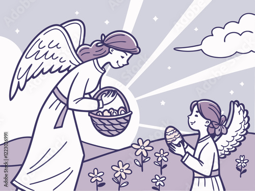 Un ángel adulto con alas y una canasta llena de huevos de Pascua entrega un huevo a un ángel niño en un campo con flores. La ilustración monocromática tiene un estilo vintage que evoca ternura y espir