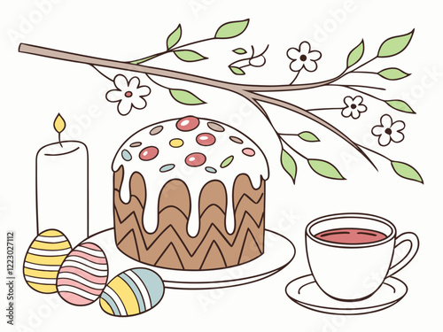Ilustración de la festividad de Pascua: pastel de Pascua, huevos pintados, taza de té y una rama con flores sobre un fondo claro.