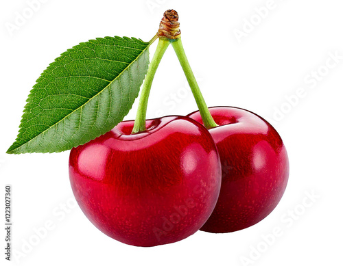 Isolated cherry with leaf on transparent white background, png