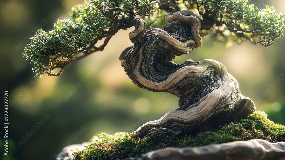 Fototapeta premium Twisted Bonsai Tree with Lush Green Foliage in Soft Light
