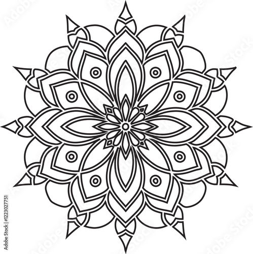 Intricate mandala design, black and white linework, symmetrical floral pattern, Mandala flower design, black and white, symmetrical pattern,  zentangle style, abstract botanical illustration, sacred g