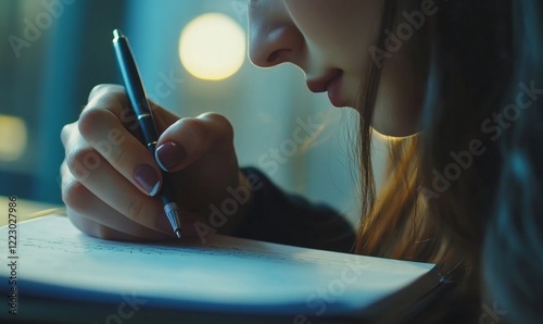 Businesswoman Writing Notes in Office, Close-Up on Hand with Pen, Professional Work Environment, Task Management, Daytime, Focus and Productivity Concept, Generative AI photo