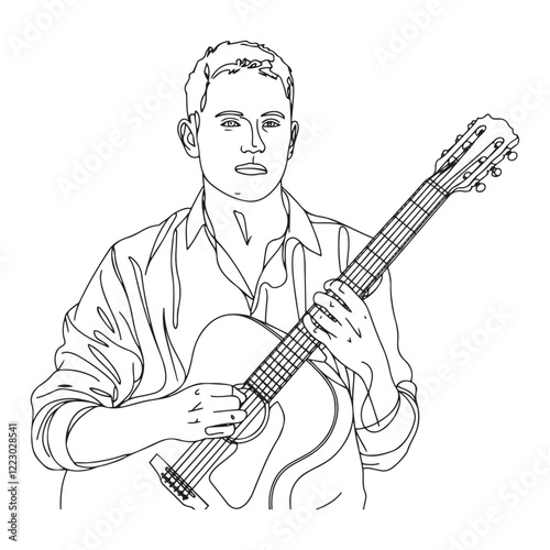 Man with Guitar Clean Line Sketch Art - Digital Line Art of Guitarist - Man Holding Guitar Vector - Guitar Doodle - Guitar Illustration - Man Holding Guitar Line Art