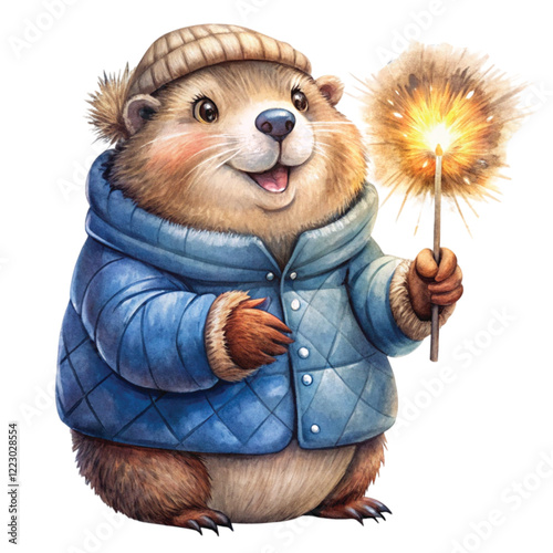 Groundhog  fireworks  wearing winter clothes , Groundhog day Clipart Watercolor 