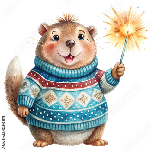 Groundhog  fireworks  wearing winter clothes , Groundhog day Clipart Watercolor 