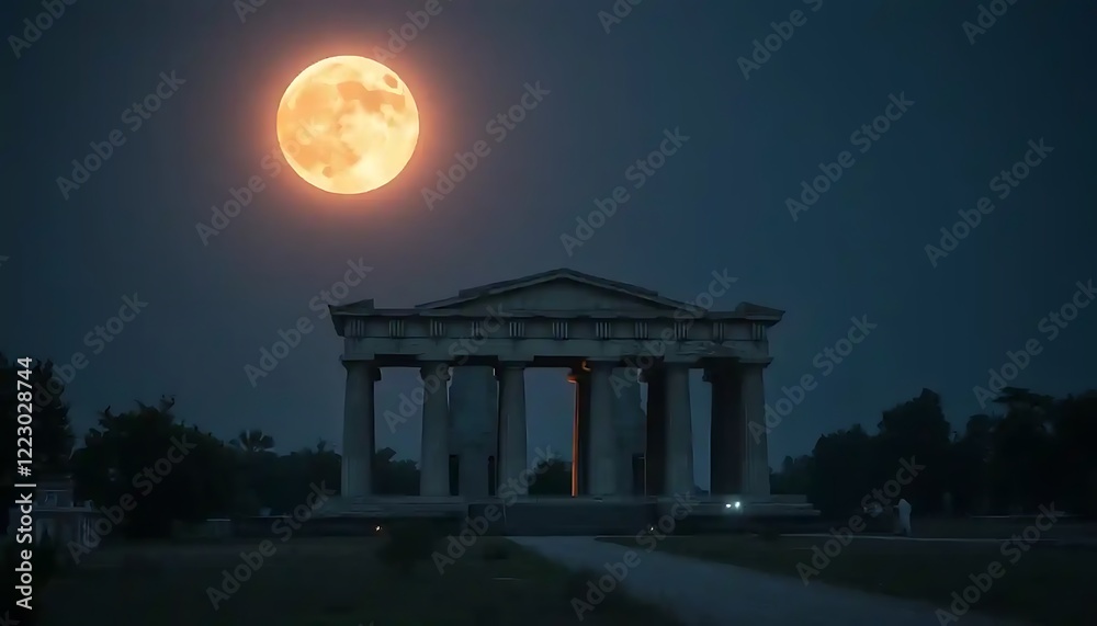 Obraz premium Ancient Temple Silhouetted Against A Large Orange Moon