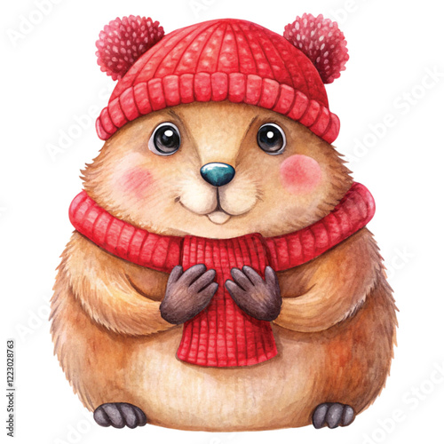 Groundhog  wearing winter clothes watercolor