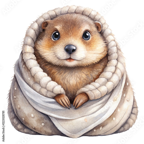 Groundhog  wearing winter clothes watercolor