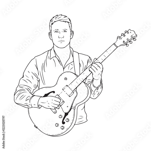 Man Holding Guitar Line Art Design - Clean Digital Sketch of Guitar Player - Man Holding Guitar Vector - Guitar Doodle - Guitar Illustration - Man Holding Guitar Line Art

