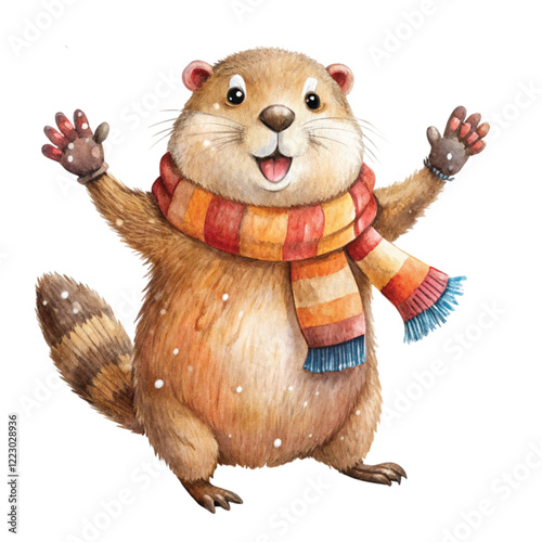 Groundhog wearing winter clothes watercolor	