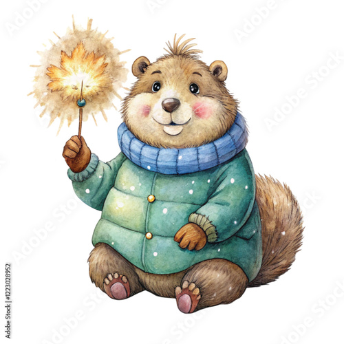 Groundhog  fireworks  wearing winter clothes , Groundhog day Clipart Watercolor 