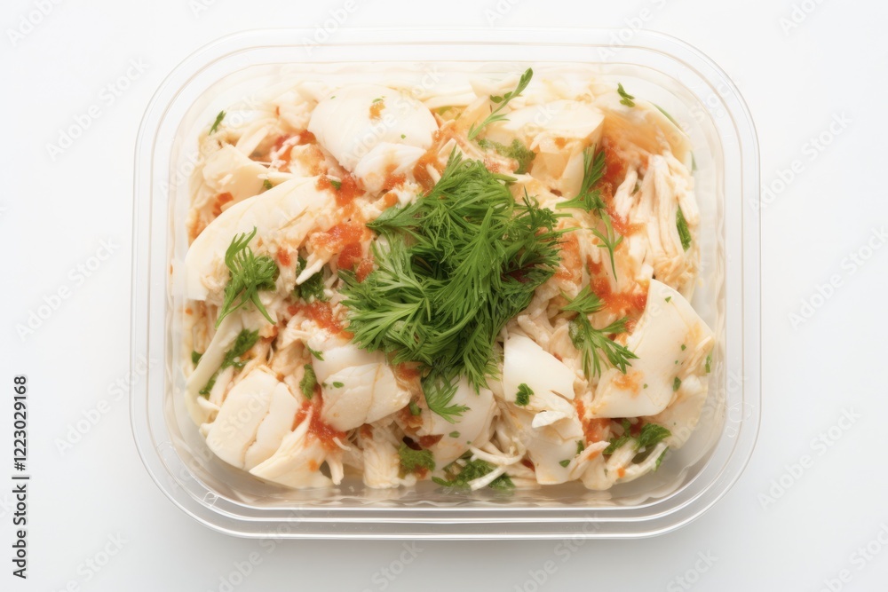 Top View of Steamed Lump Crab Meat in Plastic Box for Delivery: Healthy Seafood with Rich Proteins Top View of Steamed Lump Crab Meat in Plastic Box for Delivery: Healthy Seafood with Rich Proteins