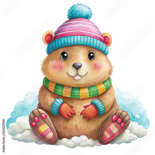 
Create an image Groundhog  fireworks  wearing winter clothes
