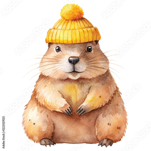 Groundhog wearing winter clothes watercolor	